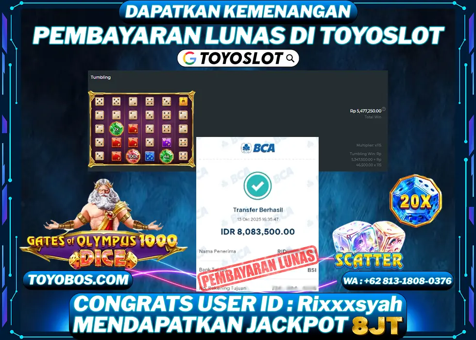 TOYOSLOT - BUKTI KEMENANGAN Gates Of Olympus 1000x Dice Rp8,090,000,- LUNAS